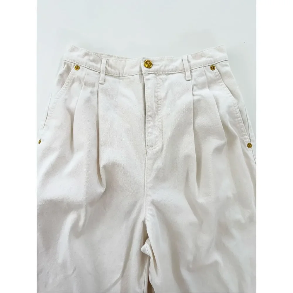 Tory Burch Denim Trouser Barrel Jean Natural Chalk Wash Pleated Crop Pants 2 - Picture 2 of 6